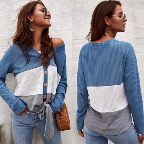 Cozy Button up Waffle Front Tie Top - Picture 7 of 9